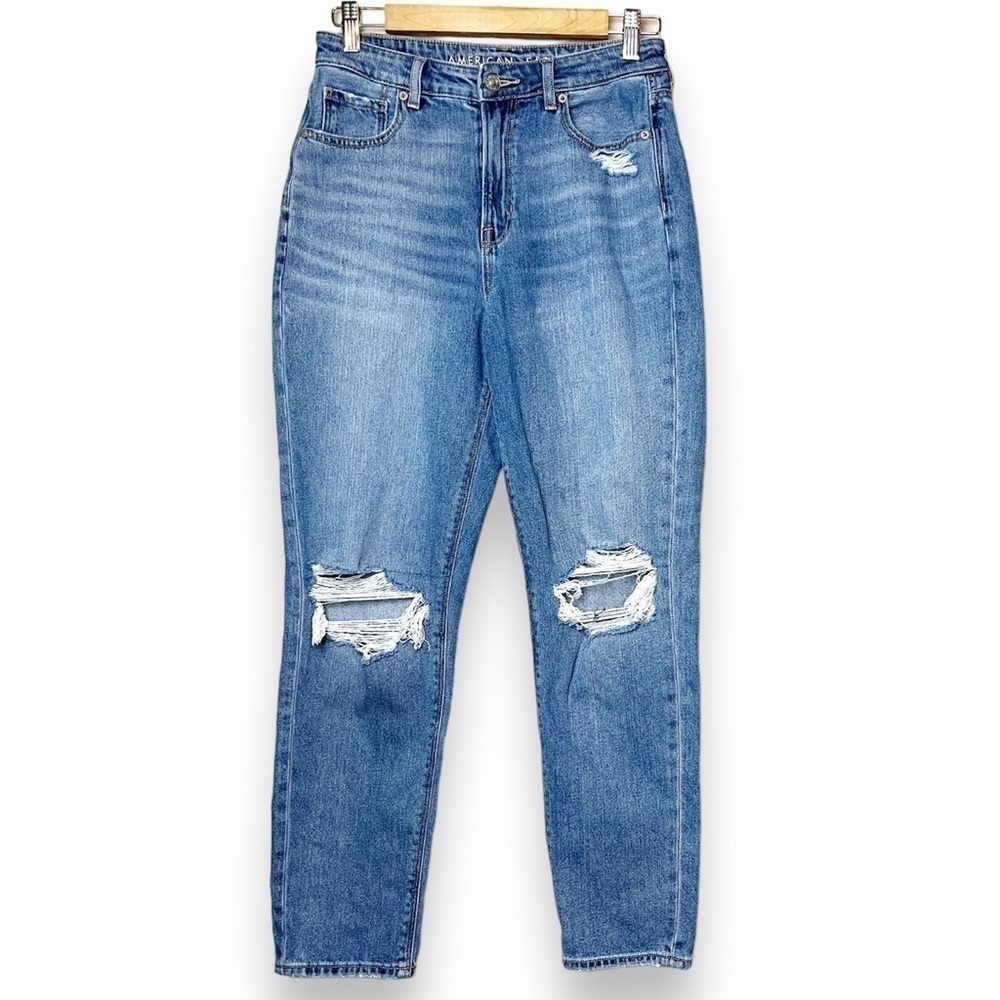 American Eagle Mom Jeans 4 high rise‎ waist stretch retro distressed ripped blue